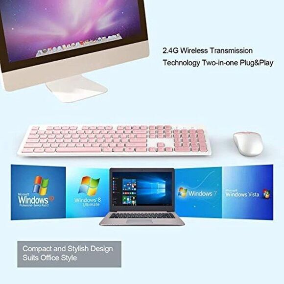 Wireless Keyboard and Mouse, Full-Size Pink 2.4GHz Silent USB Wireless Keyboard - Picture 6 of 7